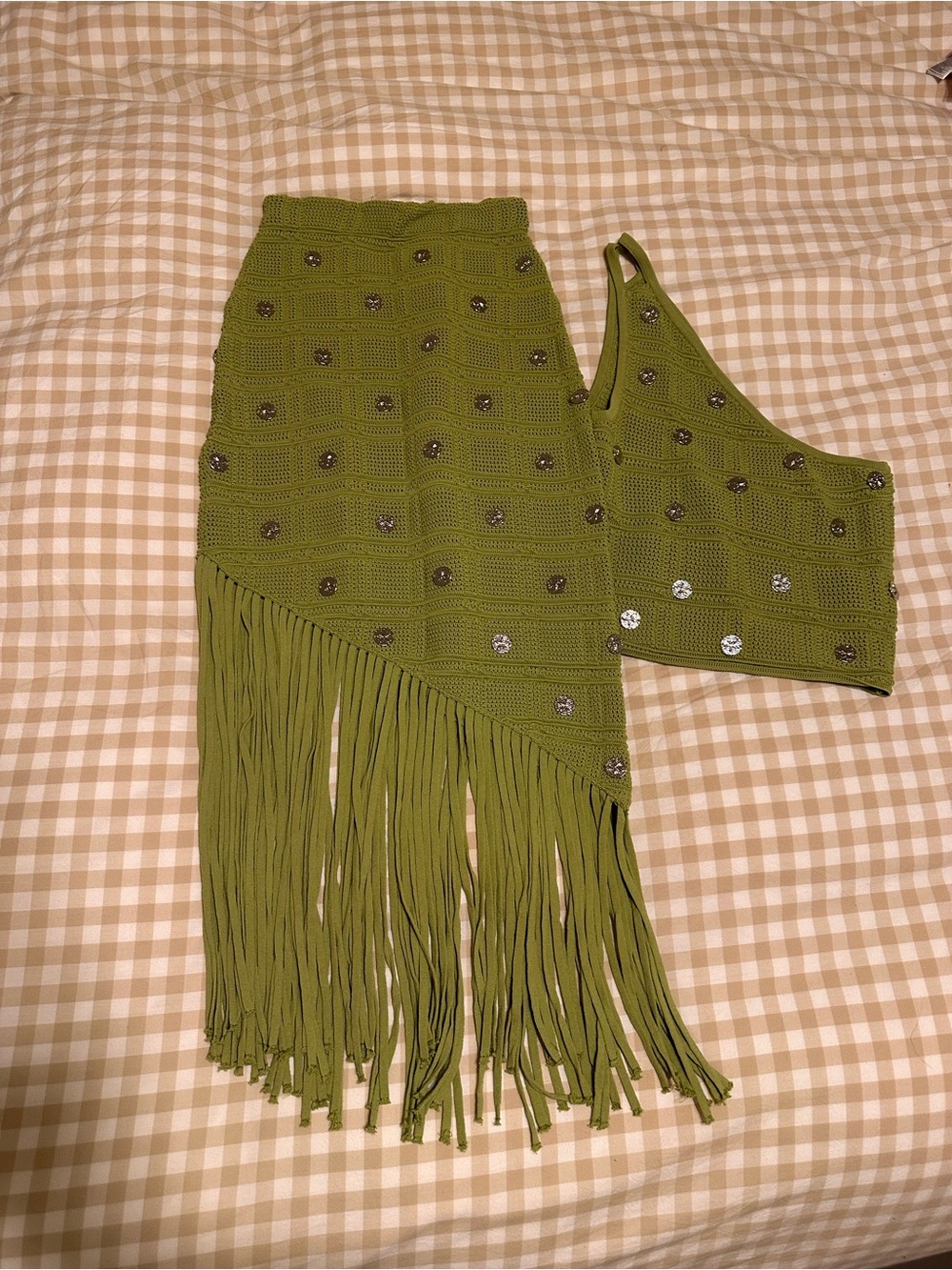 Source Unknown Olive Green Asymmetrical Crochet Fringe Dress Set